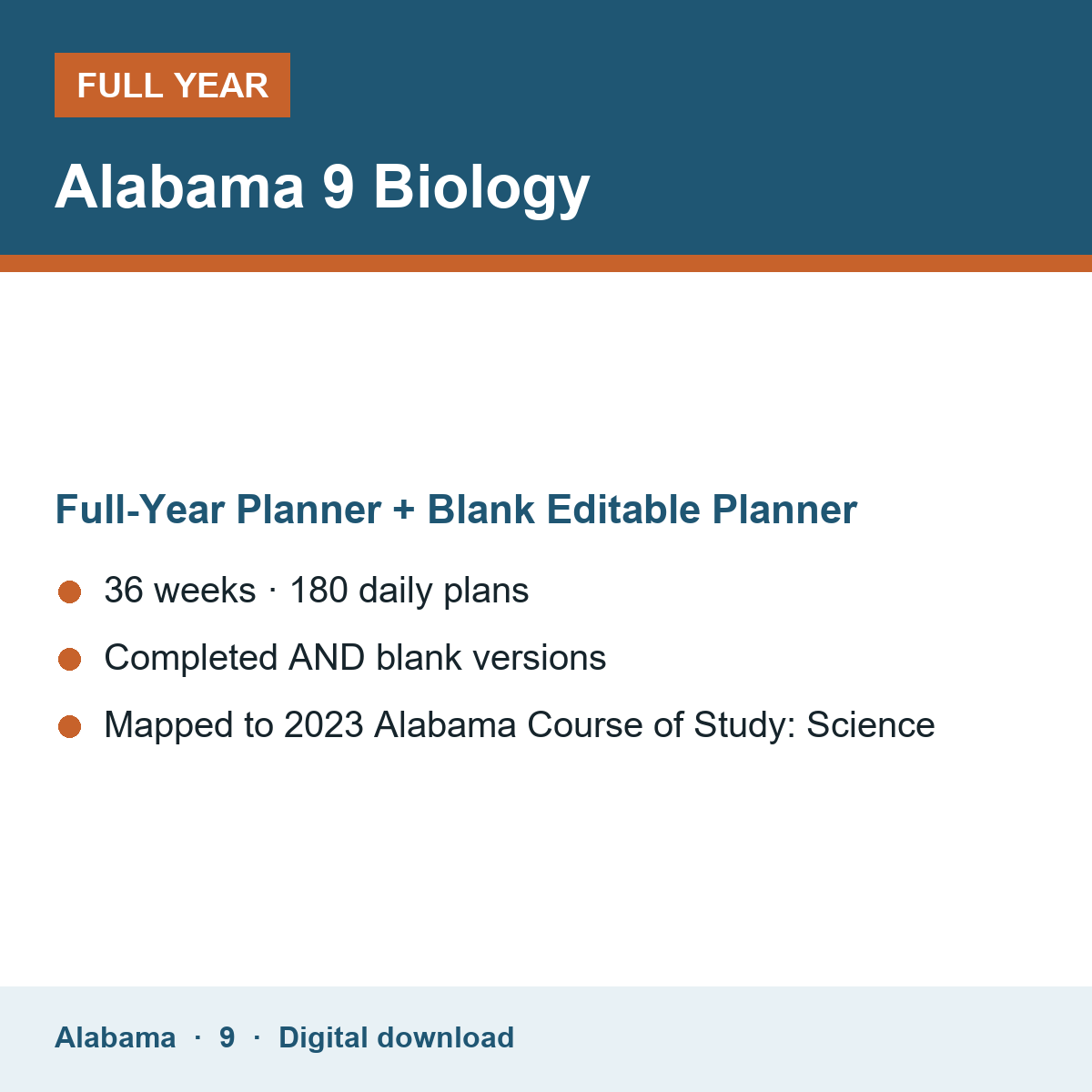 Cover of the Alabama Grade 9 Biology full-year teacher planner
