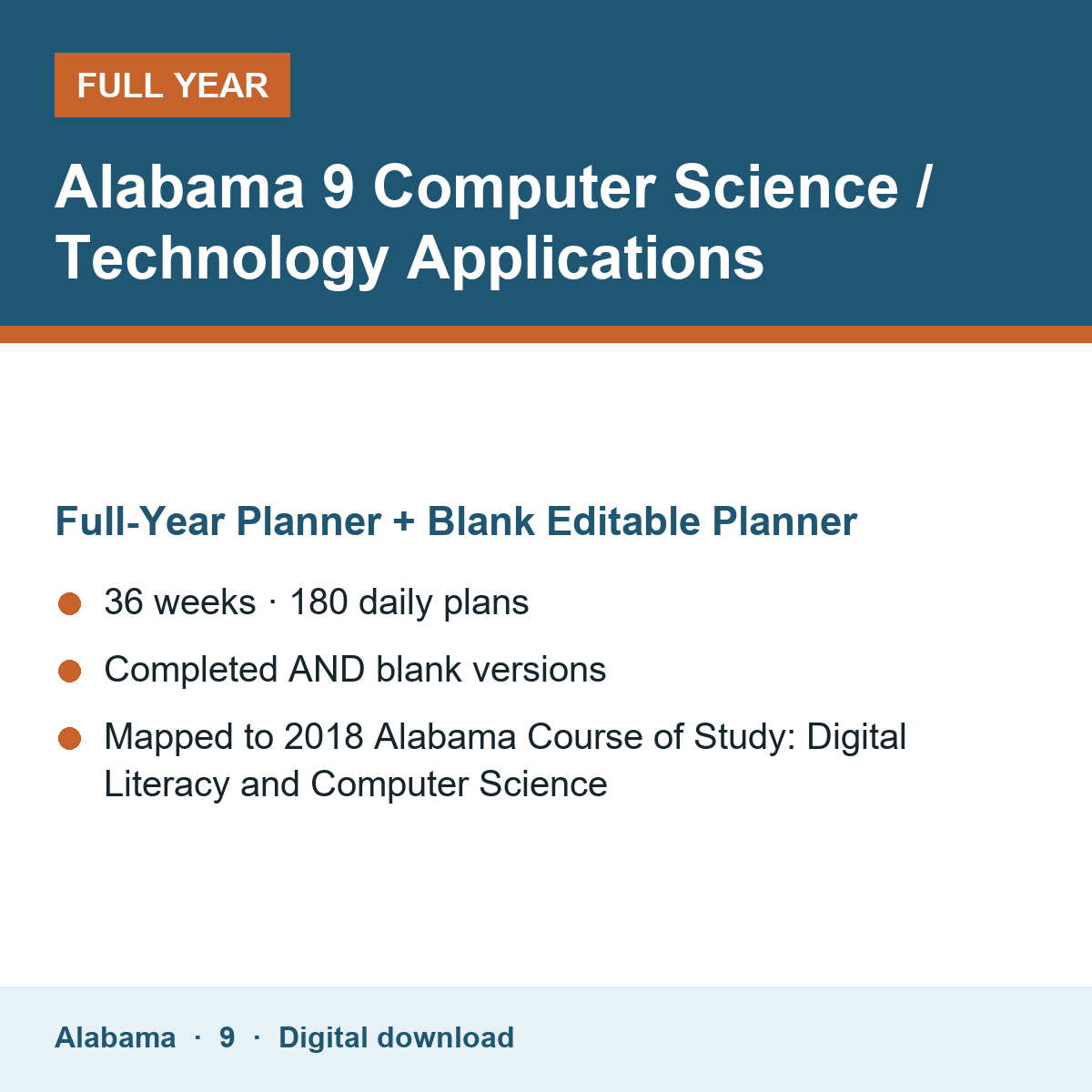 Cover of the Alabama Grade 9 Computer Science / Technology Applications full-year teacher planner