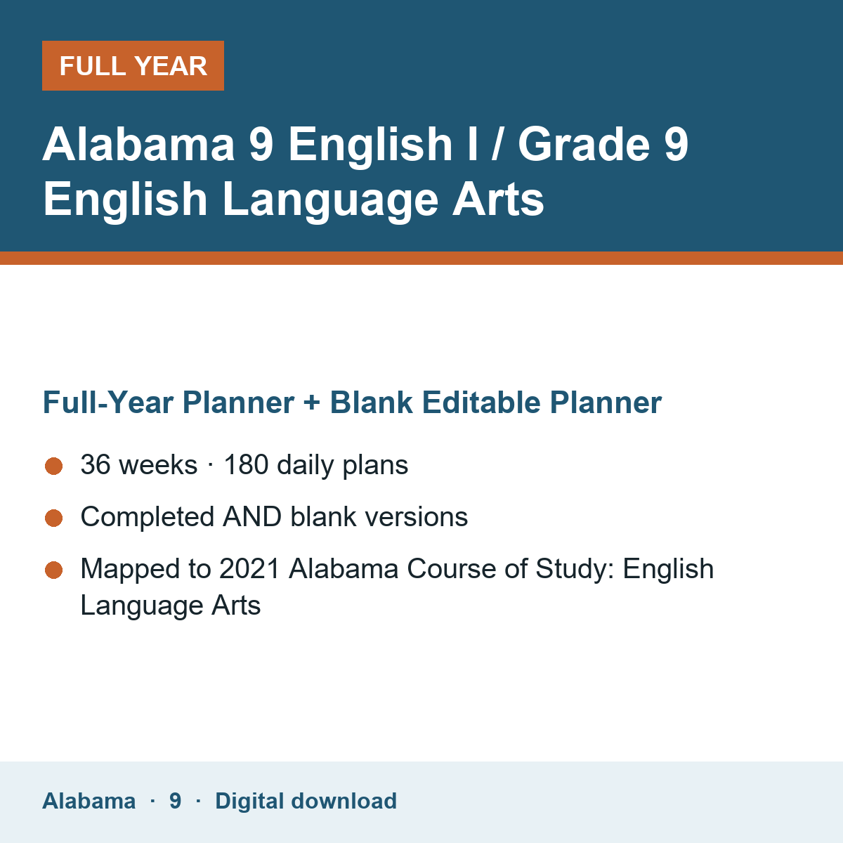 Cover of the Alabama Grade 9 English I / Grade 9 English Language Arts full-year teacher planner