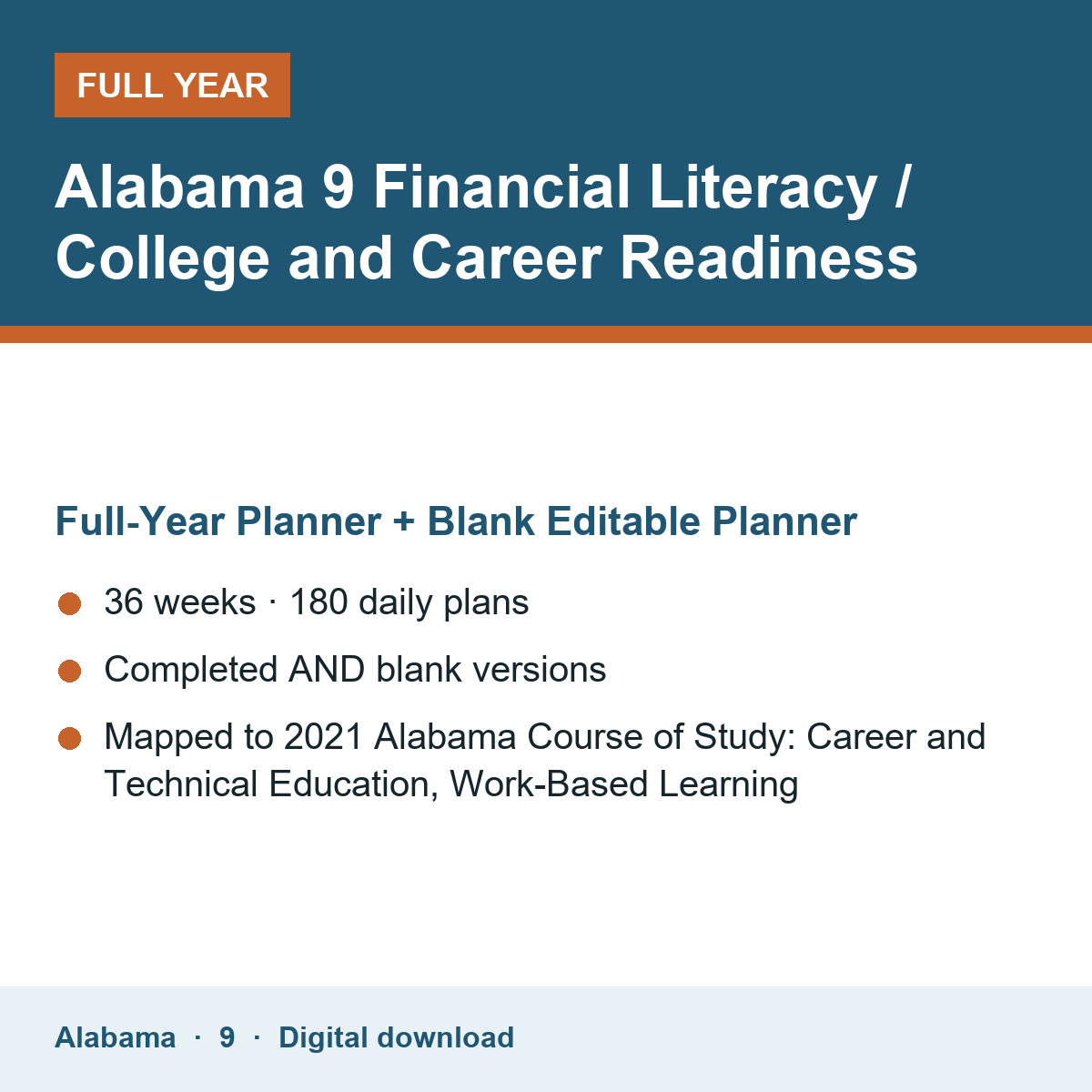 Cover of the Alabama Grade 9 Financial Literacy / College and Career Readiness full-year teacher planner