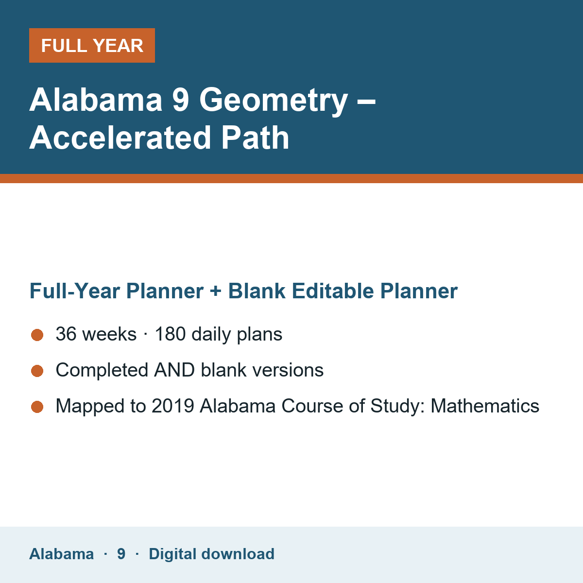 Cover of the Alabama Grade 9 Geometry – Accelerated Path full-year teacher planner