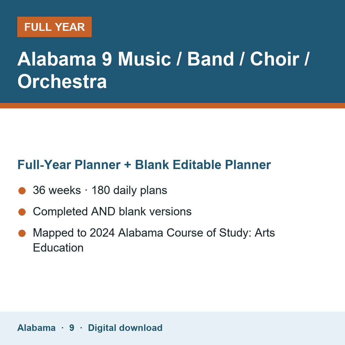 Cover of the Alabama Grade 9 Music / Band / Choir / Orchestra full-year teacher planner