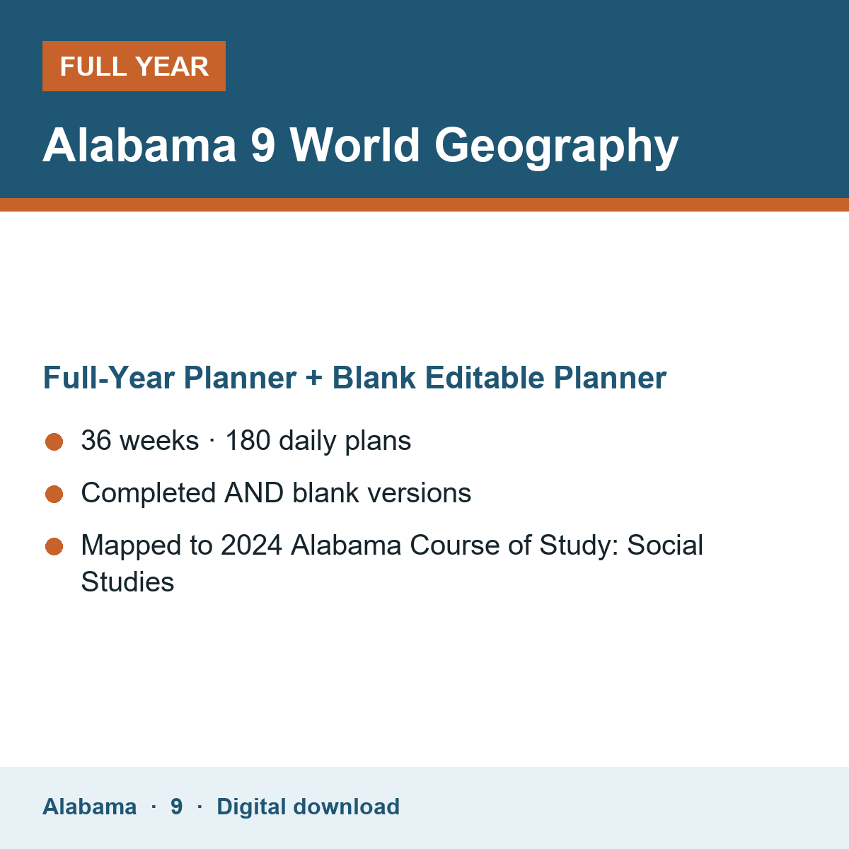 Cover of the Alabama Grade 9 World Geography full-year teacher planner
