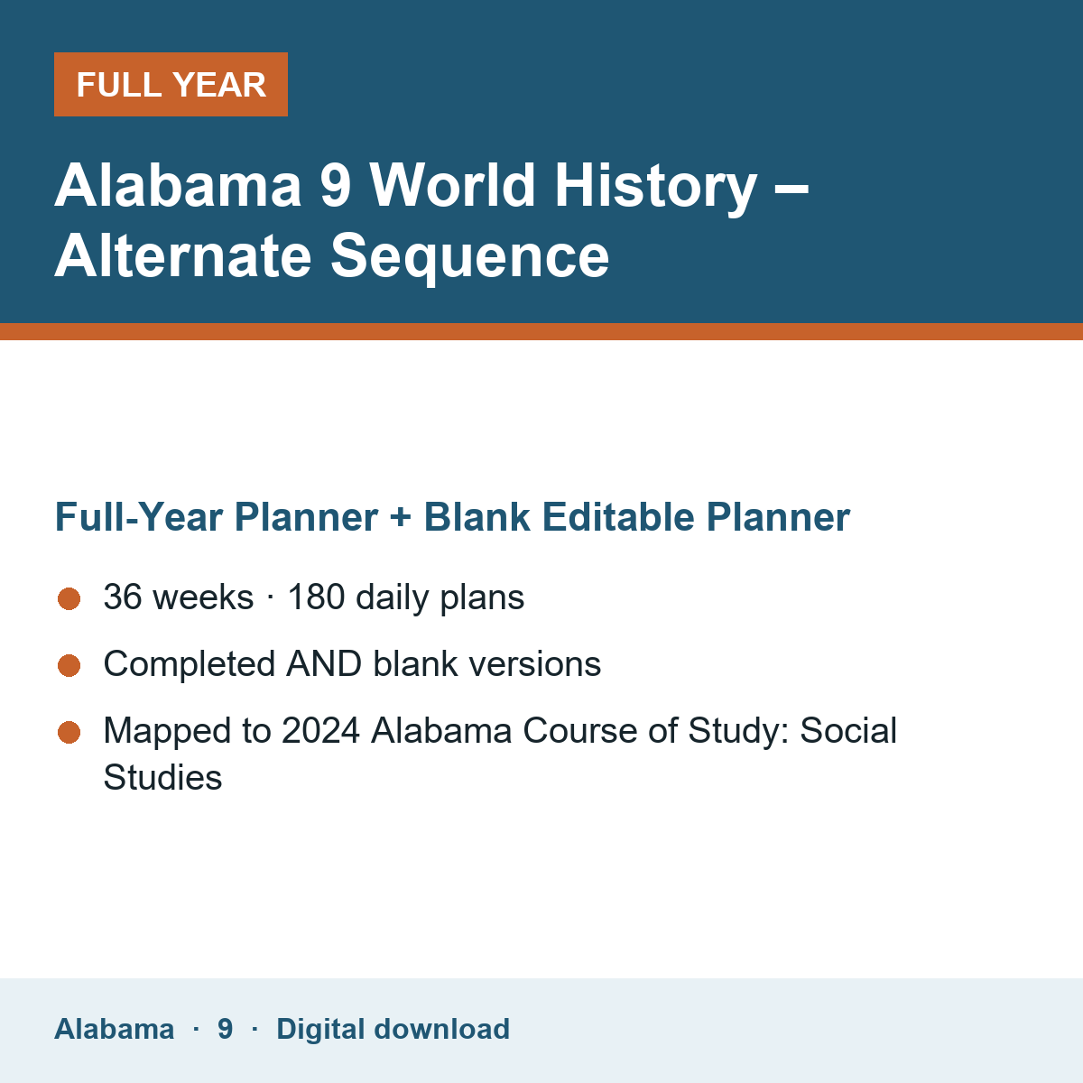 Cover of the Alabama Grade 9 World History – Alternate Sequence full-year teacher planner