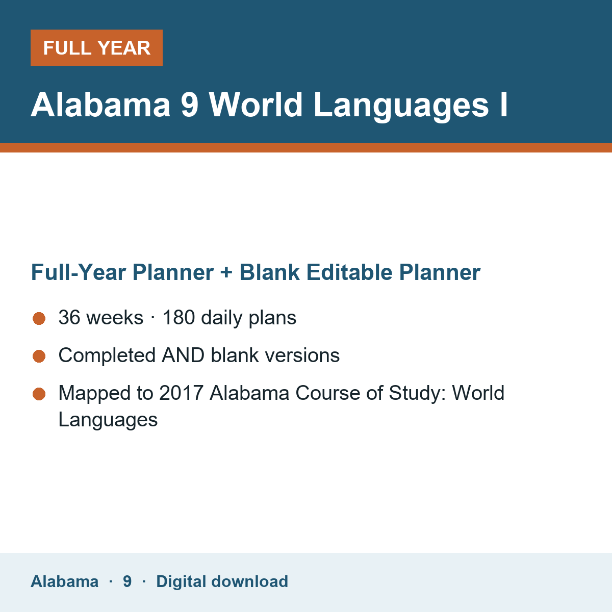 Cover of the Alabama Grade 9 World Languages I full-year teacher planner