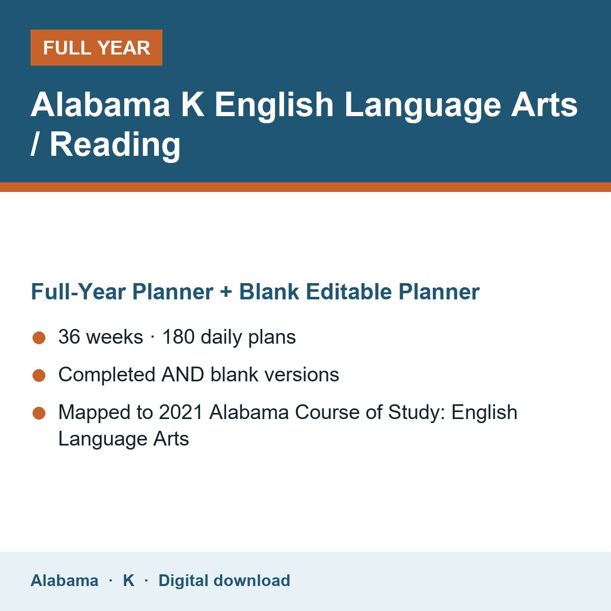 Cover of the Alabama Grade K English Language Arts / Reading full-year teacher planner