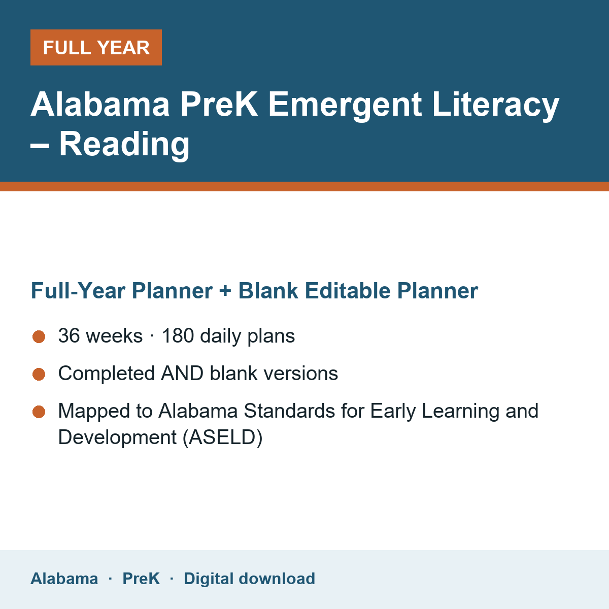 Cover of the Alabama PreK Emergent Literacy – Reading full-year teacher planner