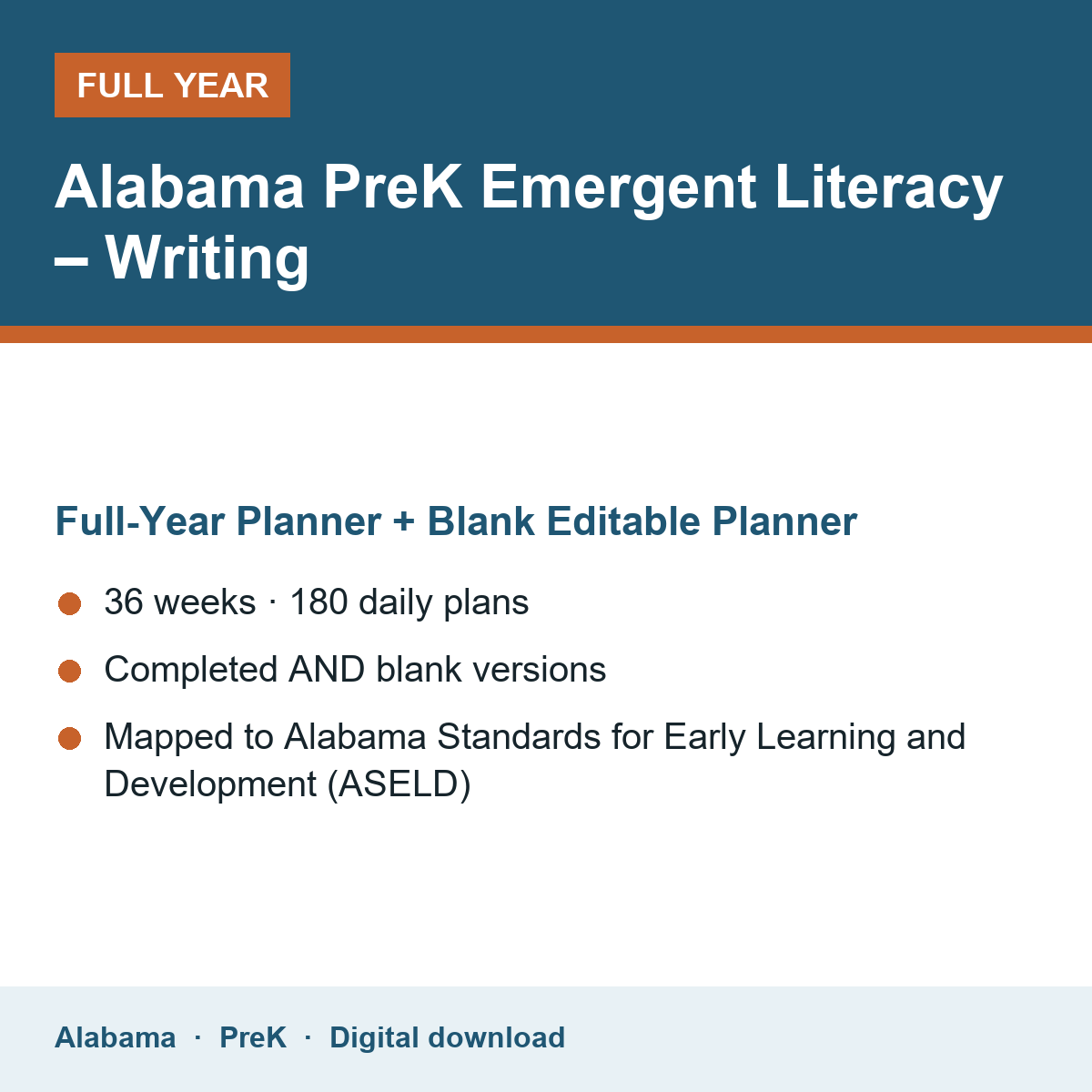 Cover of the Alabama PreK Emergent Literacy – Writing full-year teacher planner