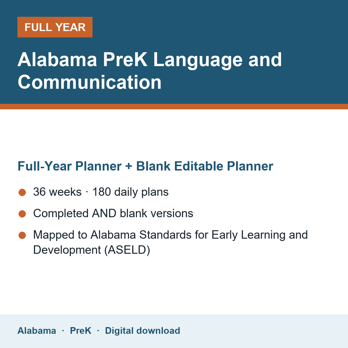 Cover of the Alabama PreK Language and Communication full-year teacher planner