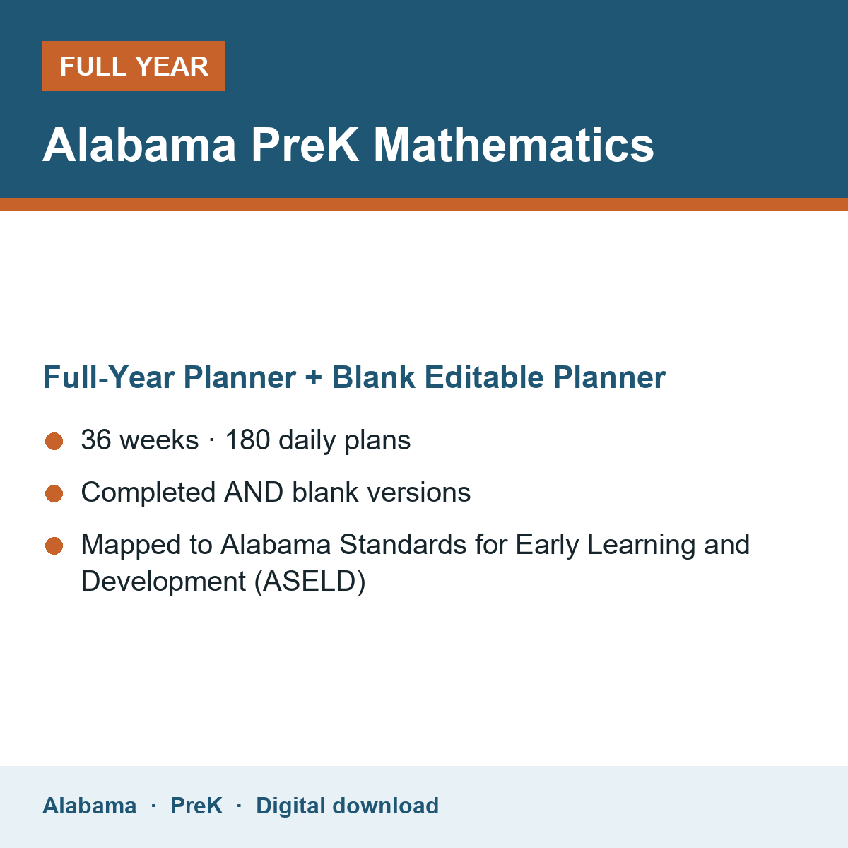 Cover of the Alabama PreK Mathematics full-year teacher planner