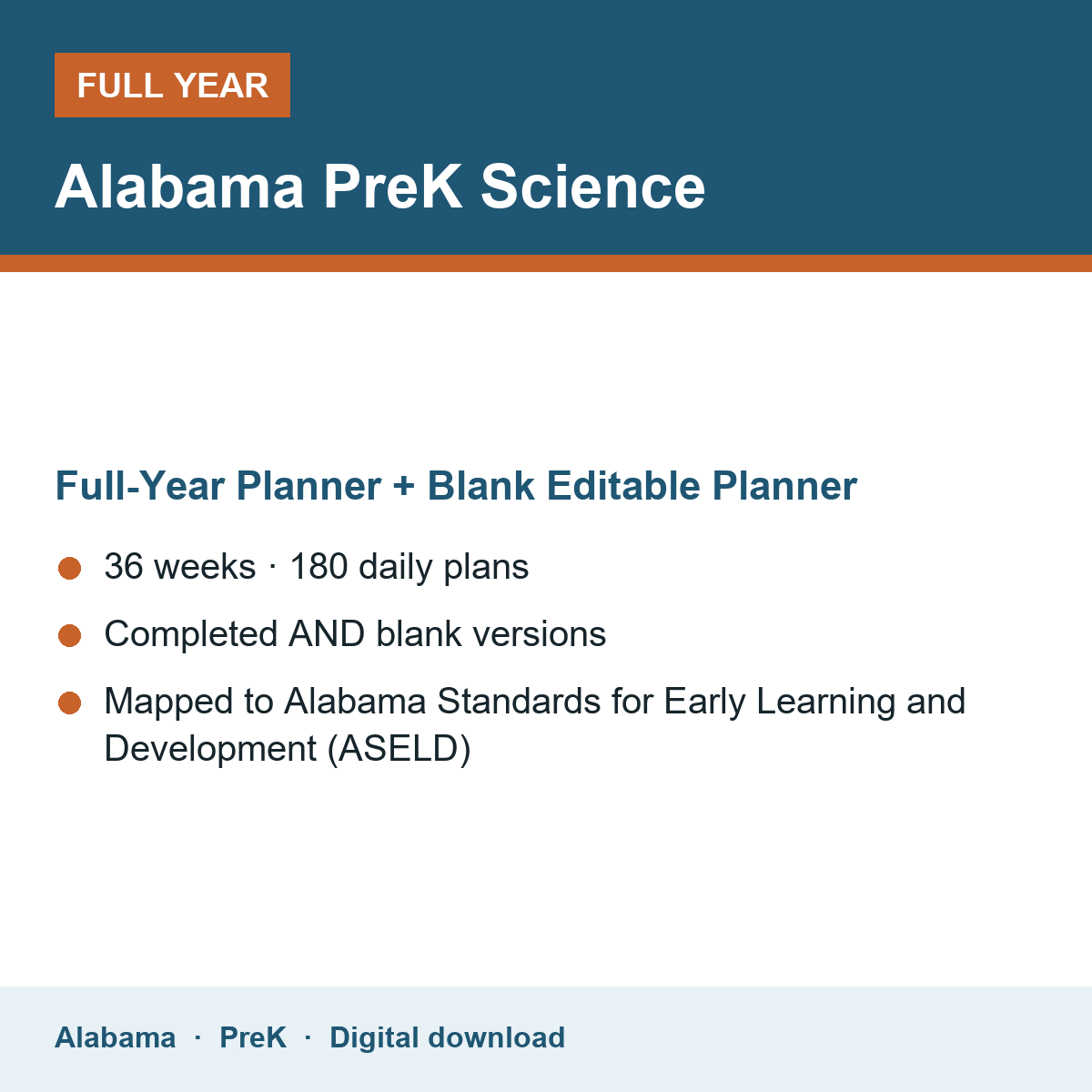 Cover of the Alabama PreK Science full-year teacher planner