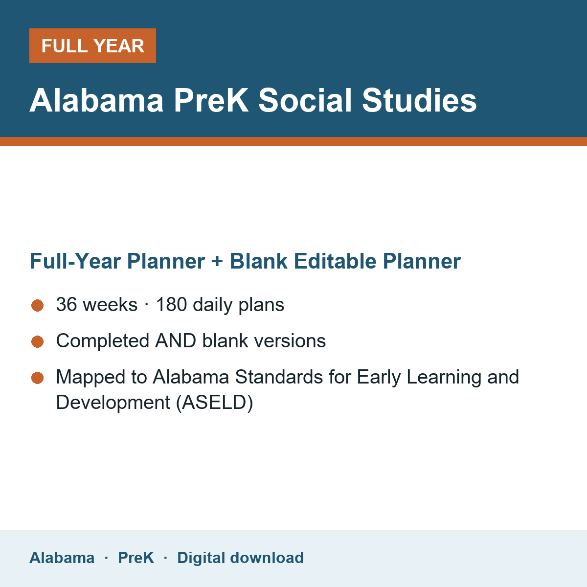 Cover of the Alabama PreK Social Studies full-year teacher planner