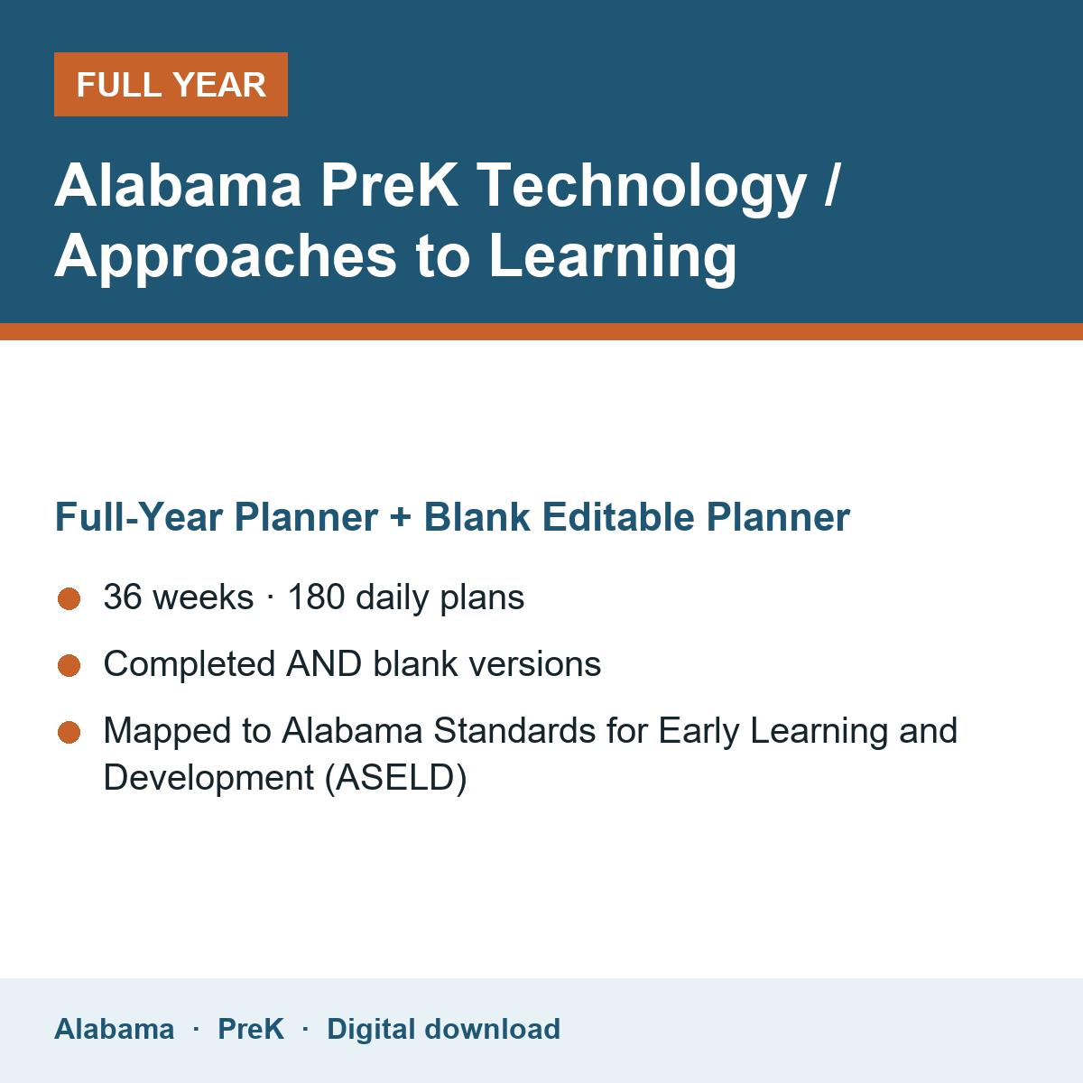 Cover of the Alabama PreK Technology / Approaches to Learning full-year teacher planner