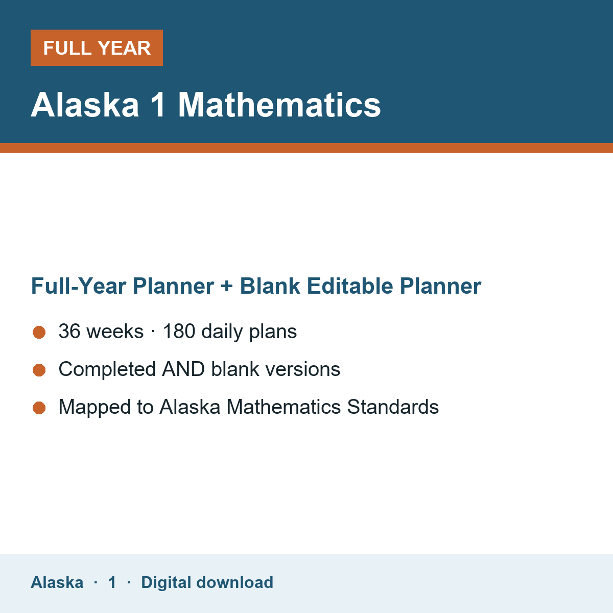 Cover of the Alaska Grade 1 Mathematics full-year teacher planner
