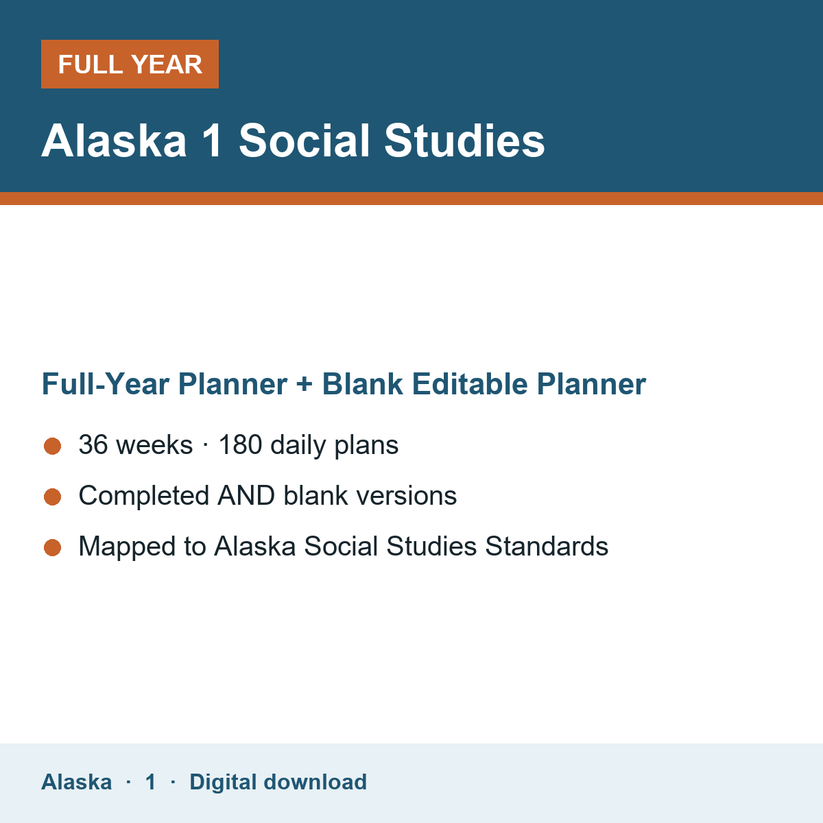 Cover of the Alaska Grade 1 Social Studies full-year teacher planner