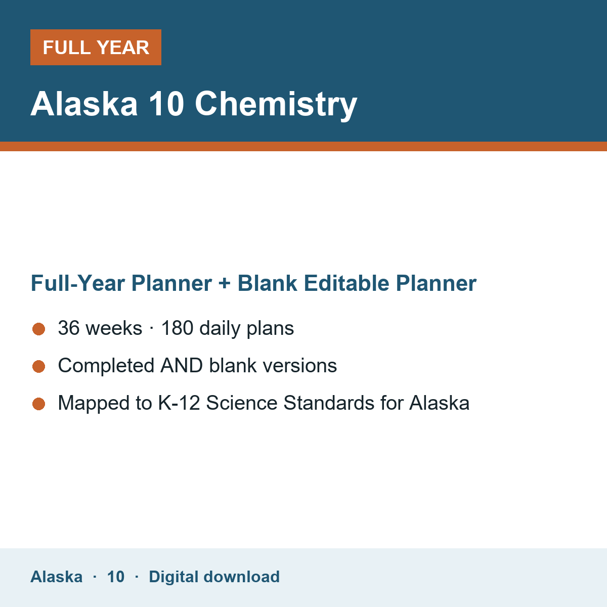 Cover of the Alaska Grade 10 Chemistry full-year teacher planner