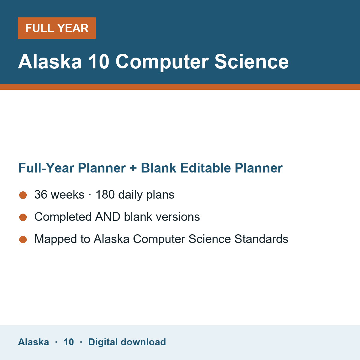 Cover of the Alaska Grade 10 Computer Science full-year teacher planner