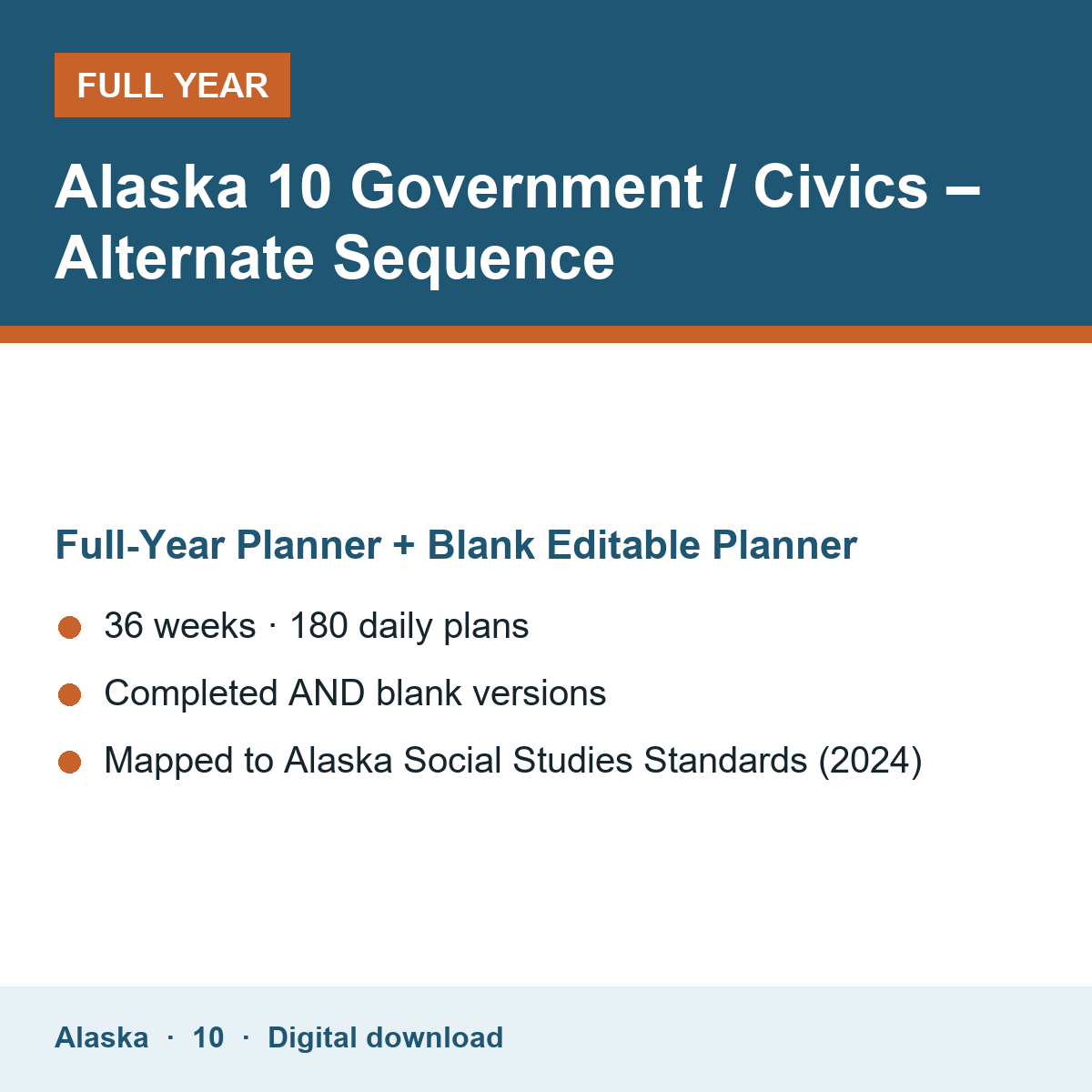 Cover of the Alaska Grade 10 Government / Civics – Alternate Sequence full-year teacher planner