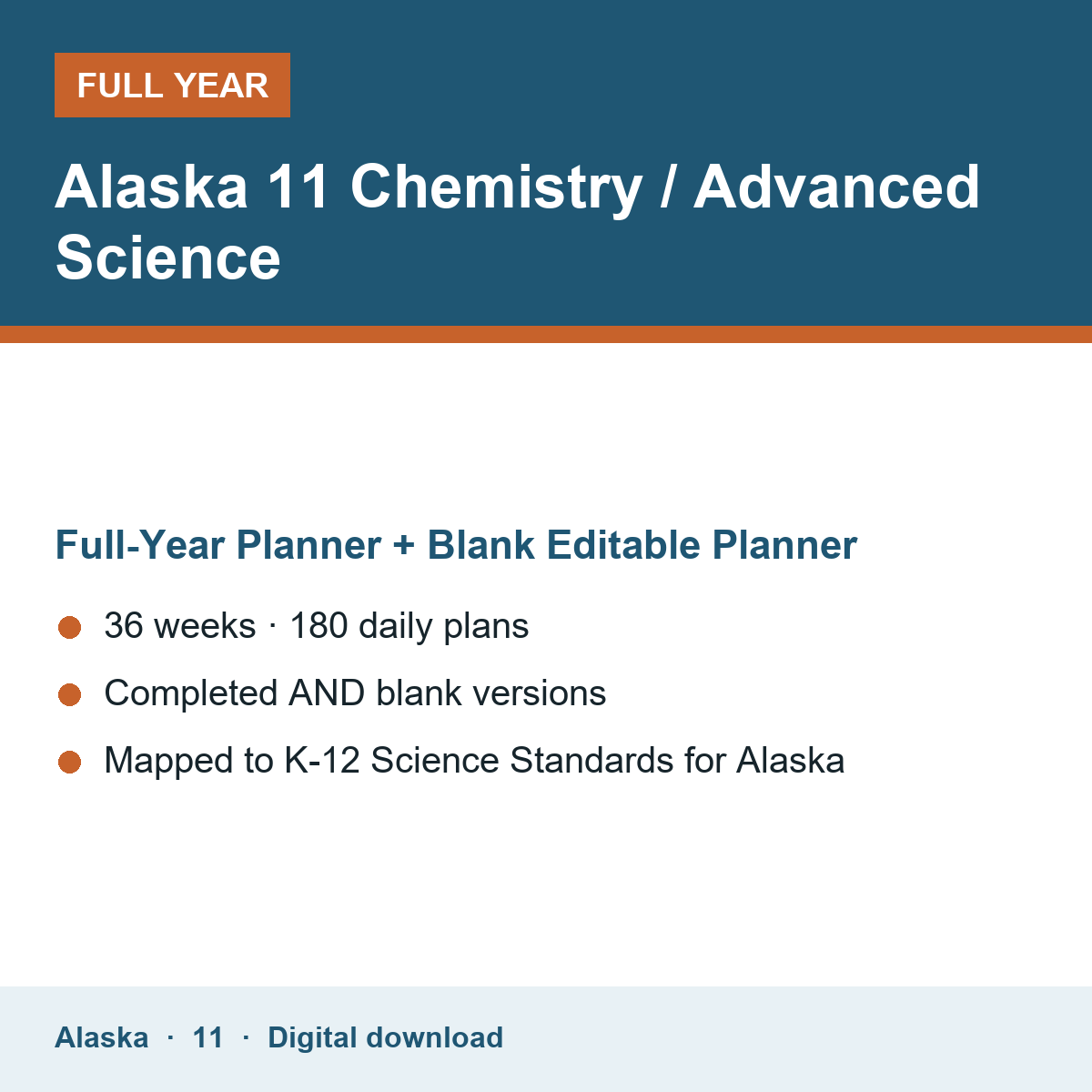 Cover of the Alaska Grade 11 Chemistry / Advanced Science full-year teacher planner