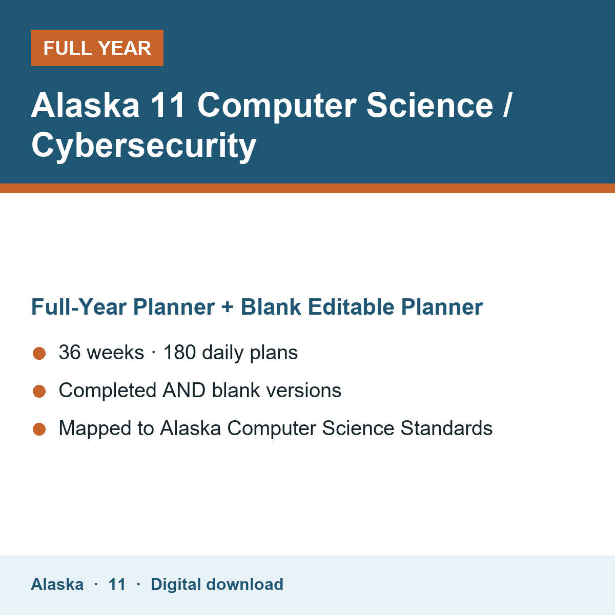 Cover of the Alaska Grade 11 Computer Science / Cybersecurity full-year teacher planner