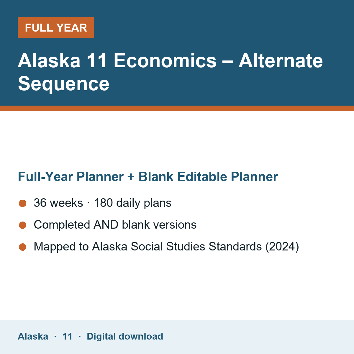 Cover of the Alaska Grade 11 Economics – Alternate Sequence full-year teacher planner