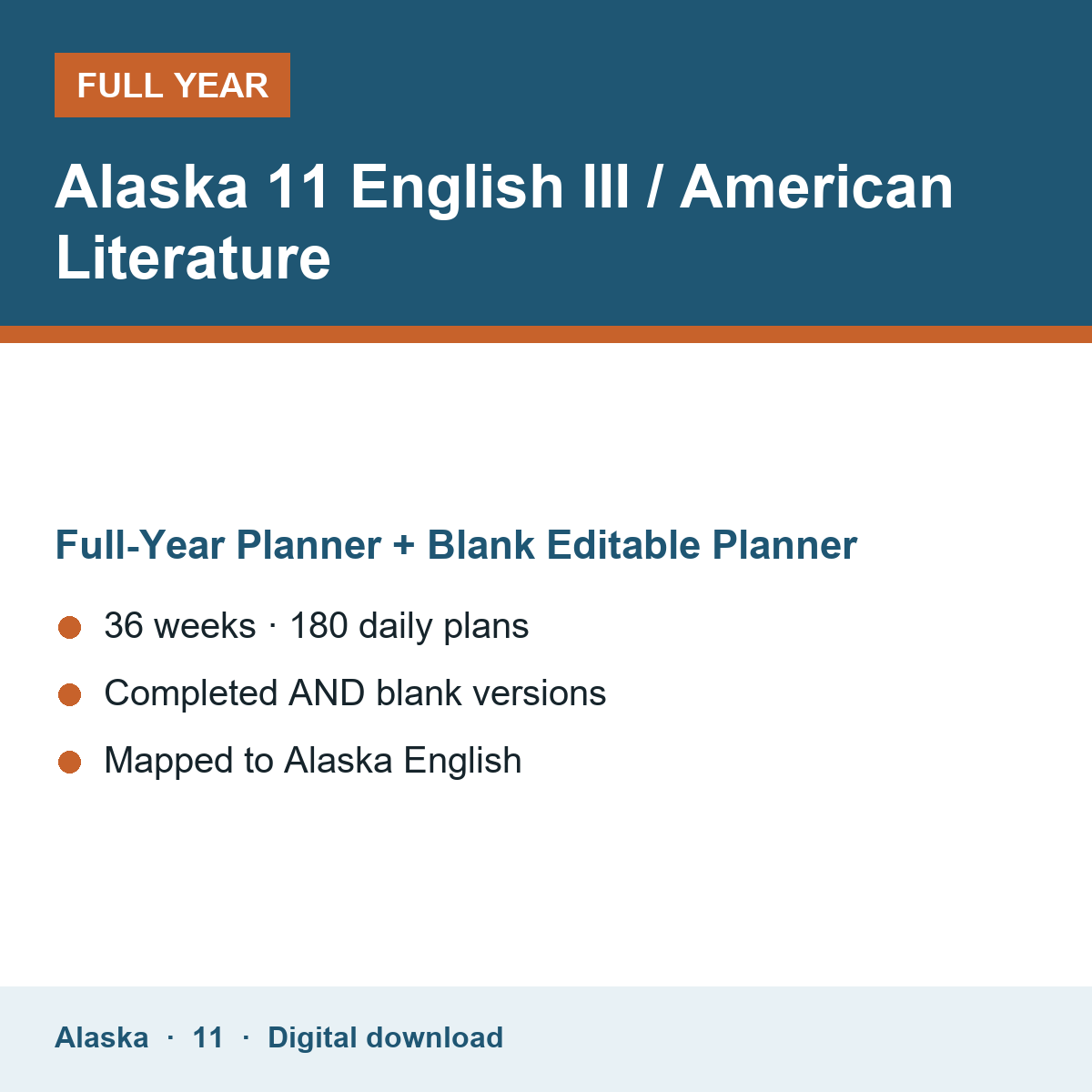 Cover of the Alaska Grade 11 English III / American Literature full-year teacher planner