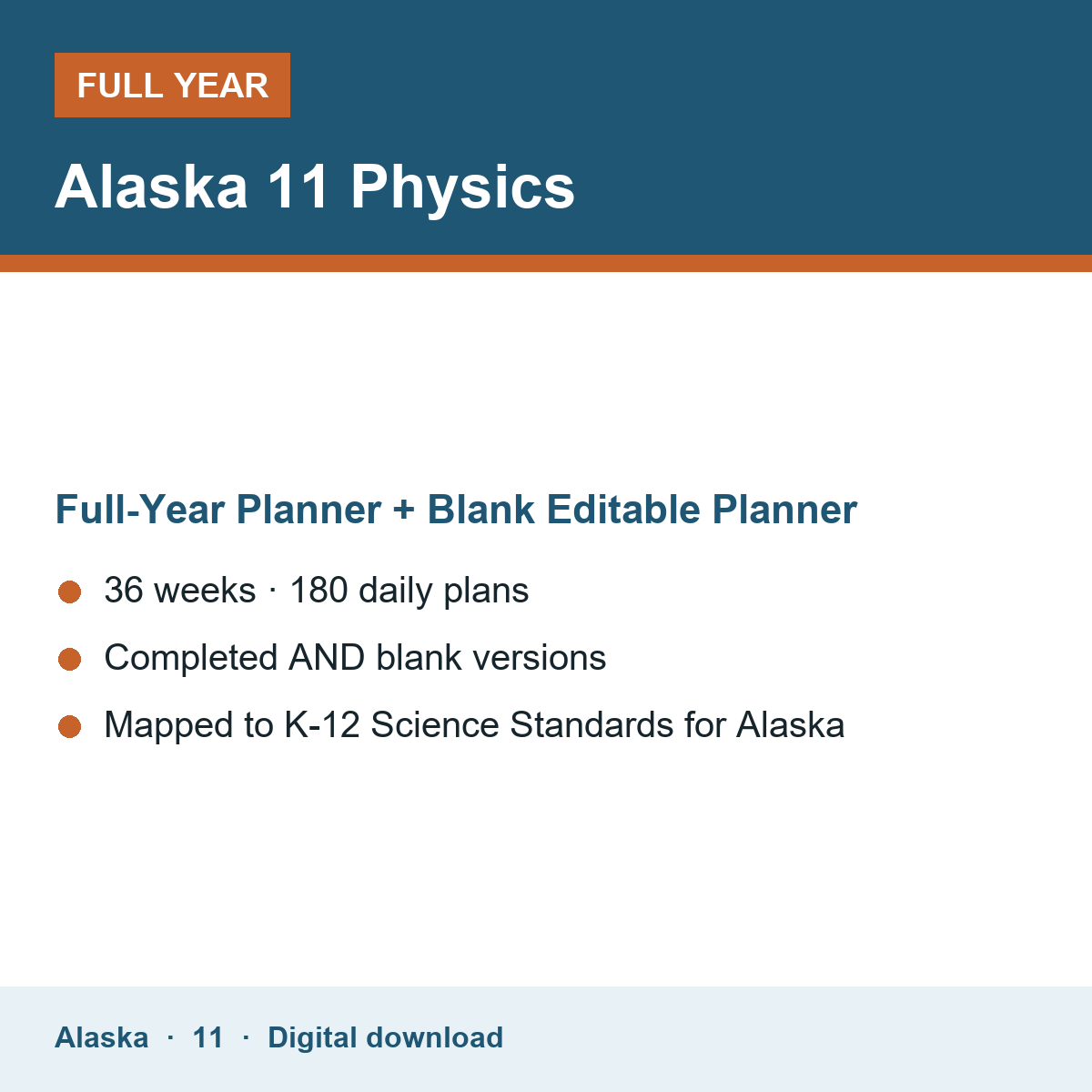 Cover of the Alaska Grade 11 Physics full-year teacher planner