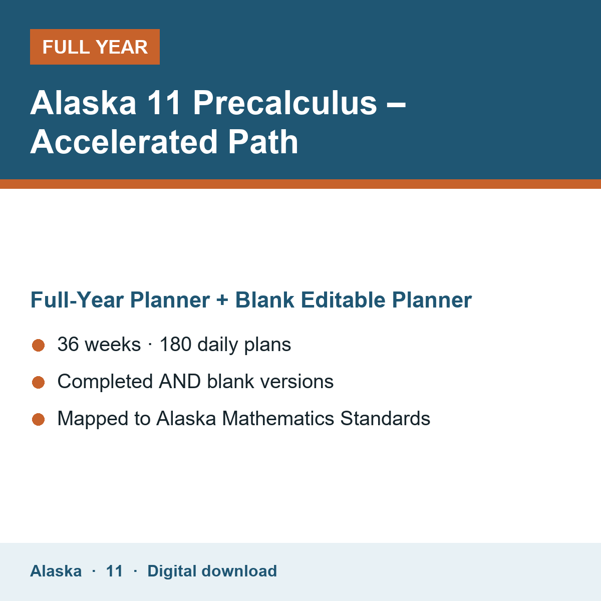 Cover of the Alaska Grade 11 Precalculus – Accelerated Path full-year teacher planner