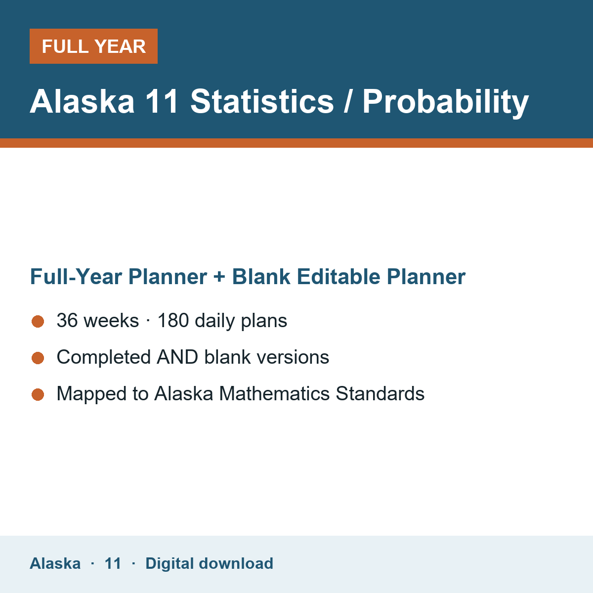 Cover of the Alaska Grade 11 Statistics / Probability full-year teacher planner
