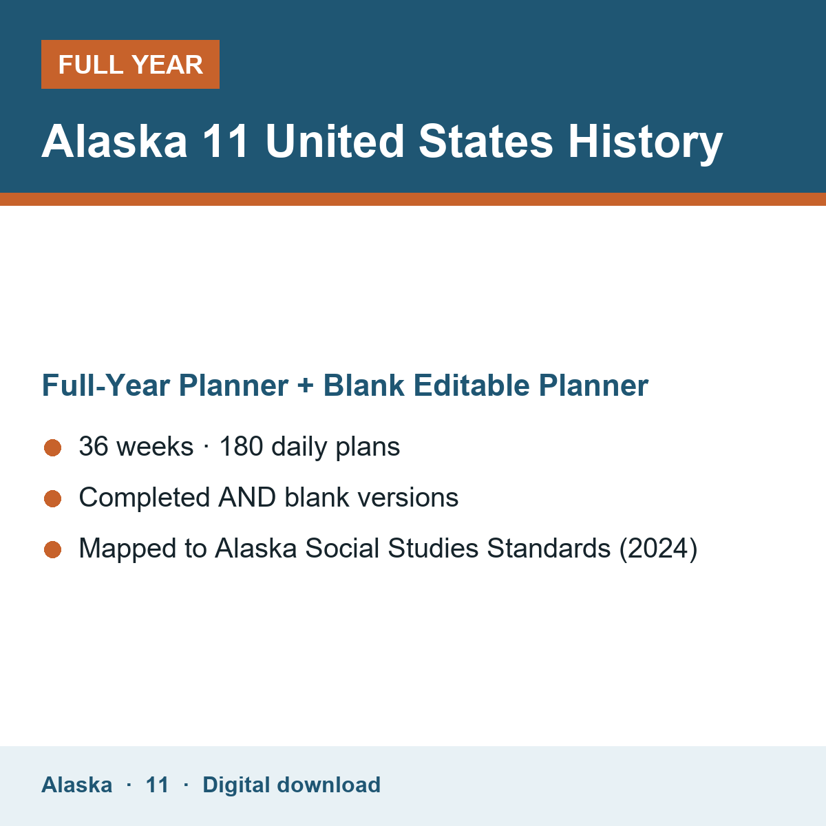 Cover of the Alaska Grade 11 United States History full-year teacher planner