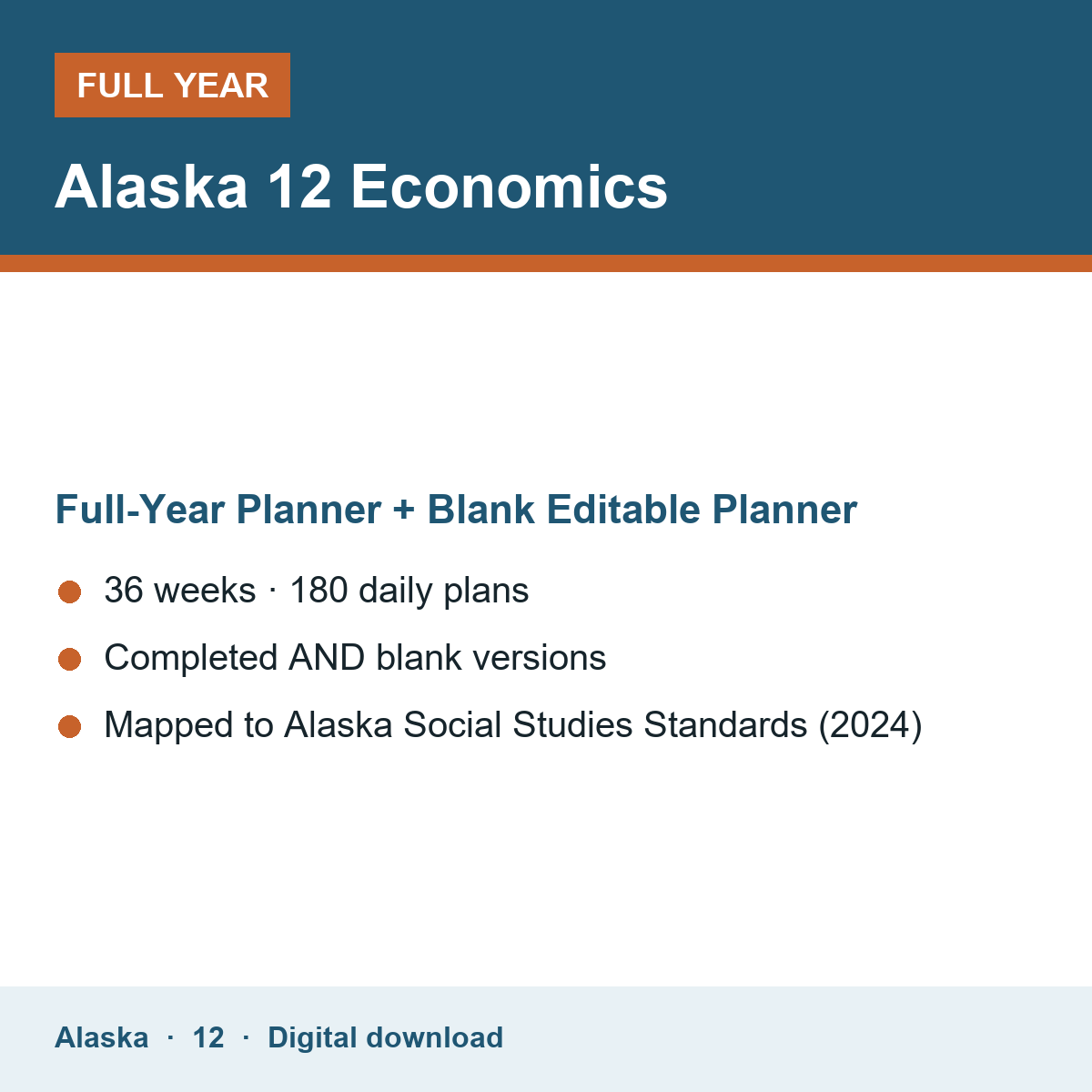Cover of the Alaska Grade 12 Economics full-year teacher planner