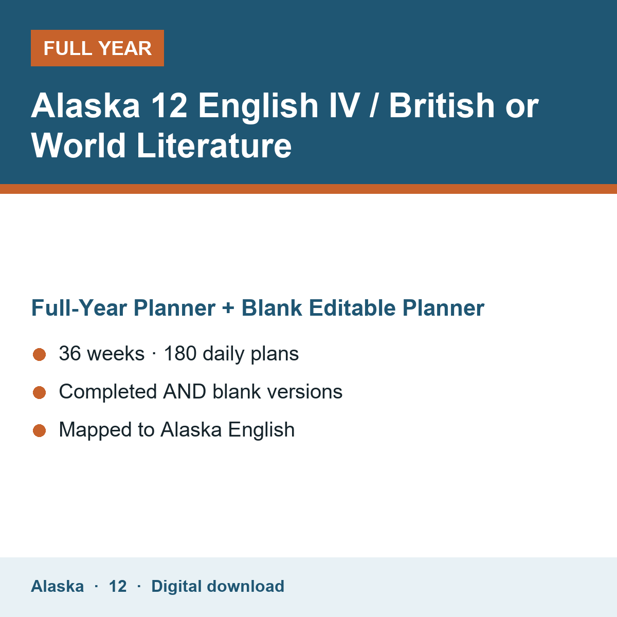 Cover of the Alaska Grade 12 English IV / British or World Literature full-year teacher planner