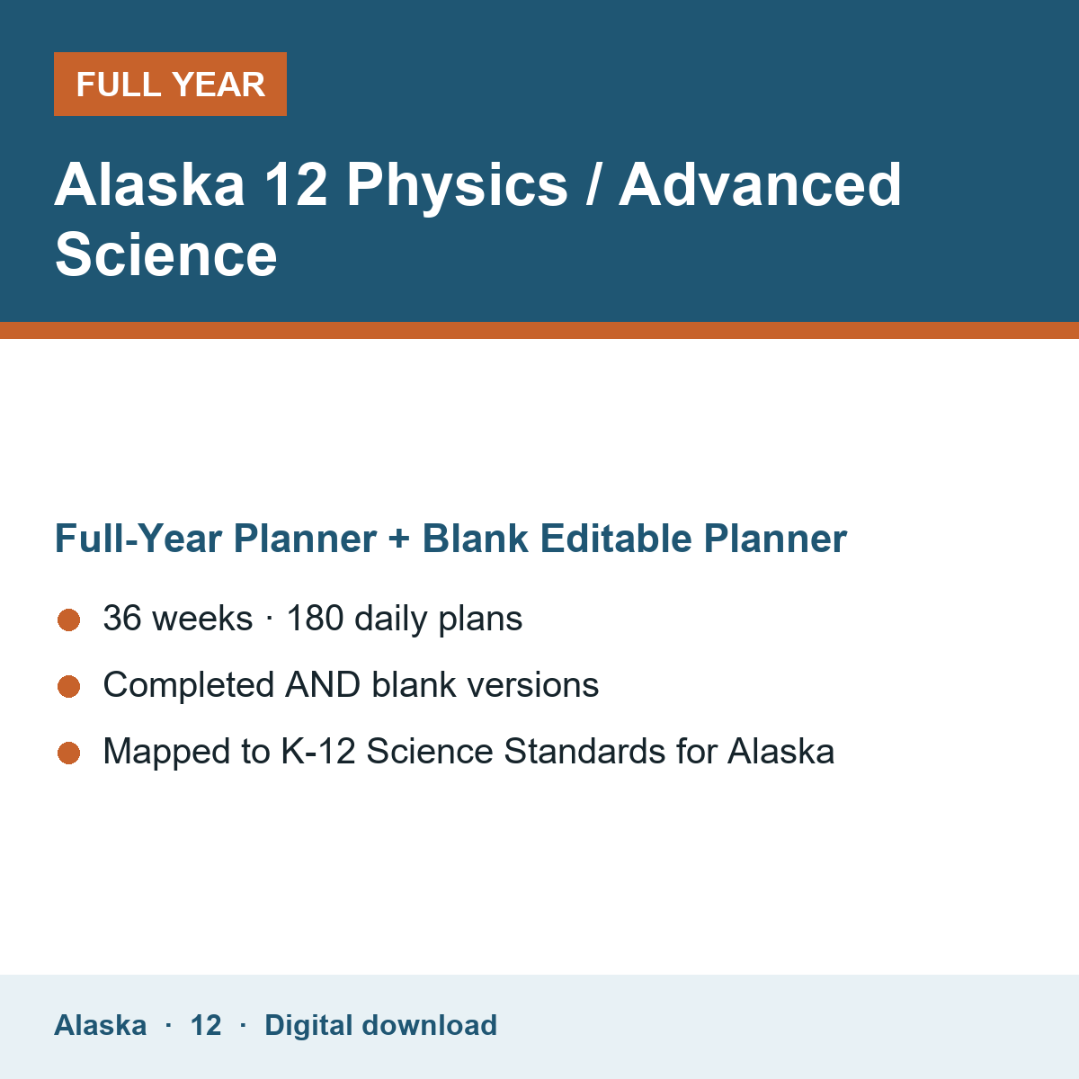 Cover of the Alaska Grade 12 Physics / Advanced Science full-year teacher planner