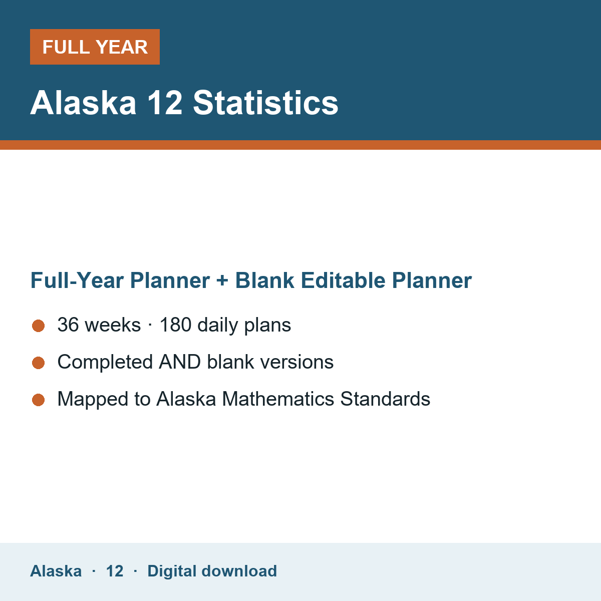 Cover of the Alaska Grade 12 Statistics full-year teacher planner