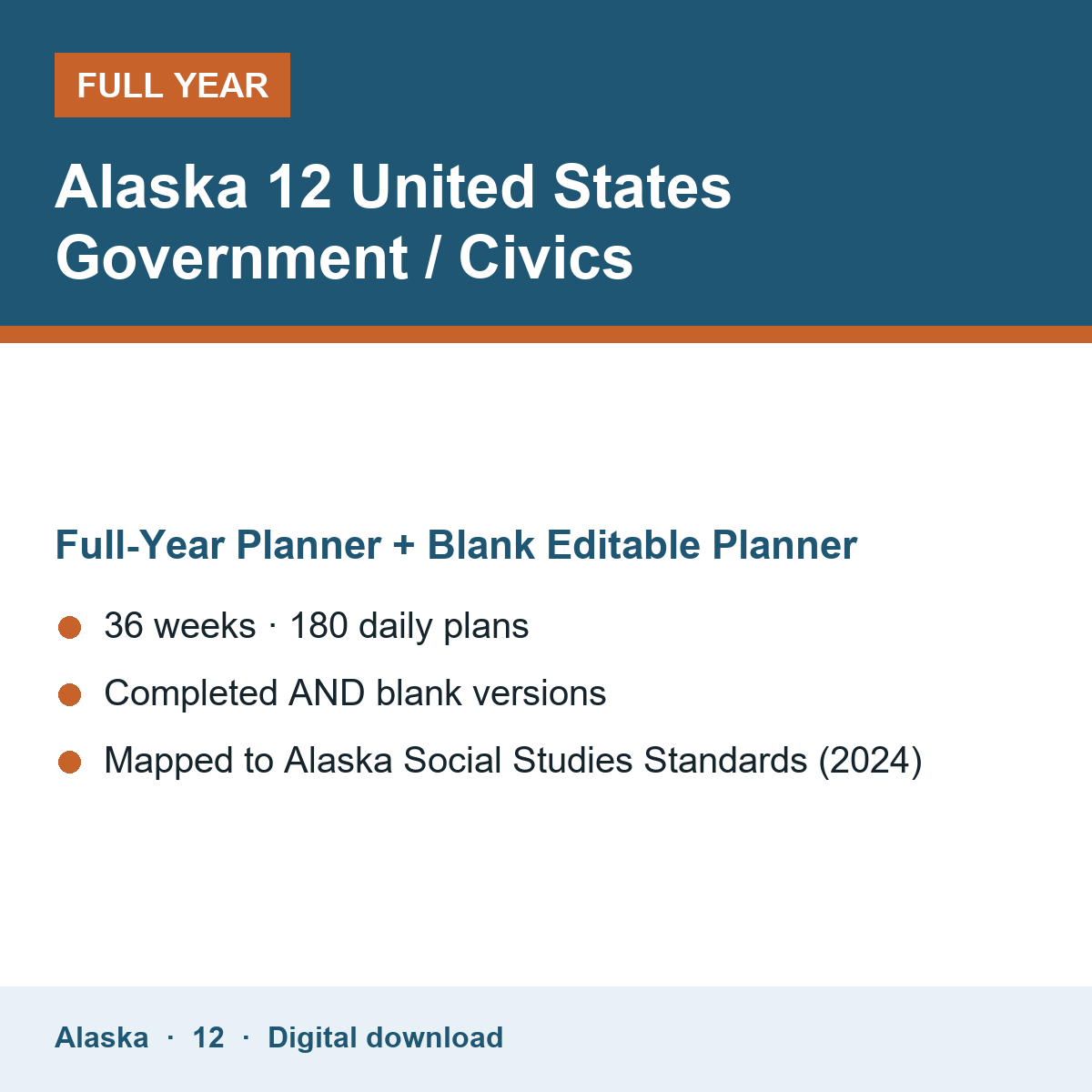 Cover of the Alaska Grade 12 United States Government / Civics full-year teacher planner
