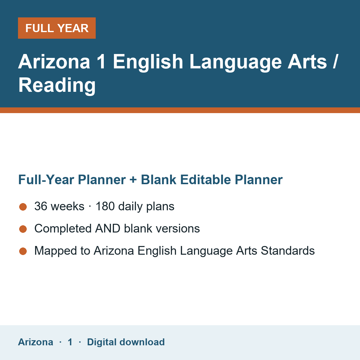Cover of the Arizona Grade 1 English Language Arts / Reading full-year teacher planner