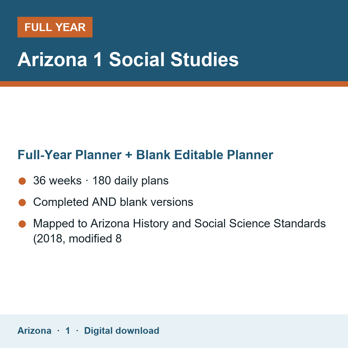 Cover of the Arizona Grade 1 Social Studies full-year teacher planner