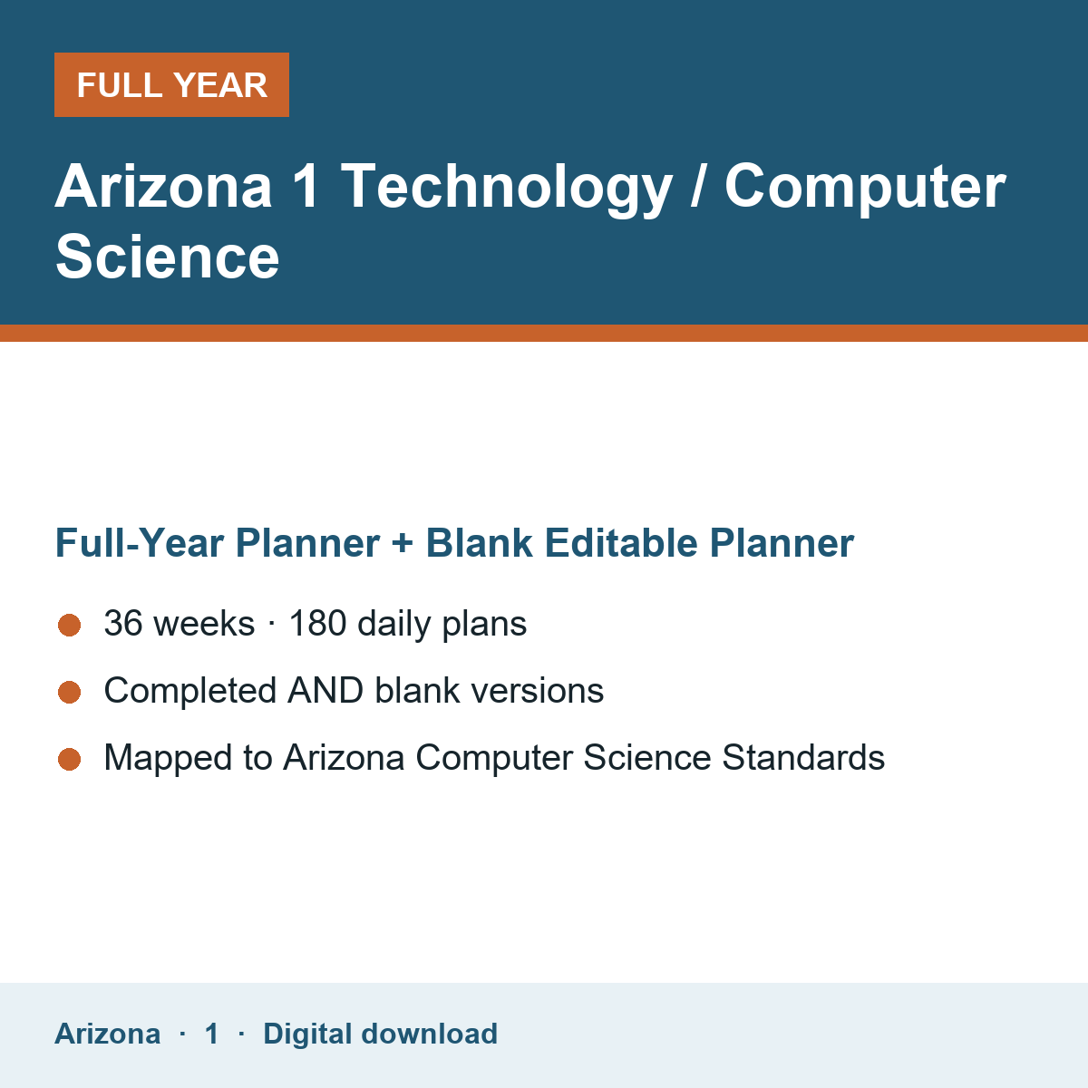 Cover of the Arizona Grade 1 Technology / Computer Science full-year teacher planner