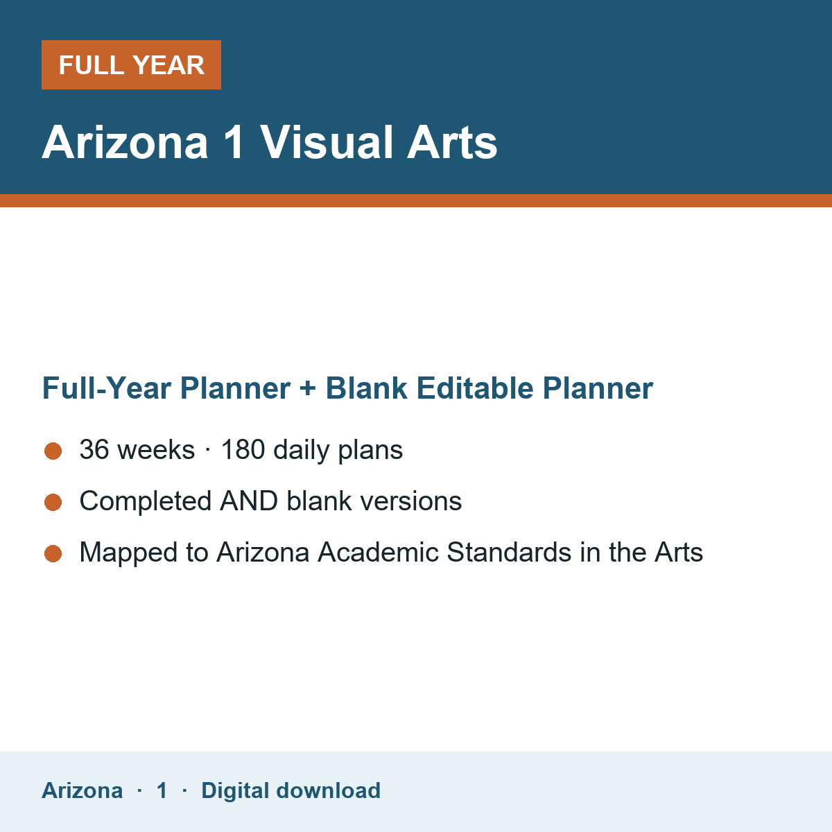 Cover of the Arizona Grade 1 Visual Arts full-year teacher planner