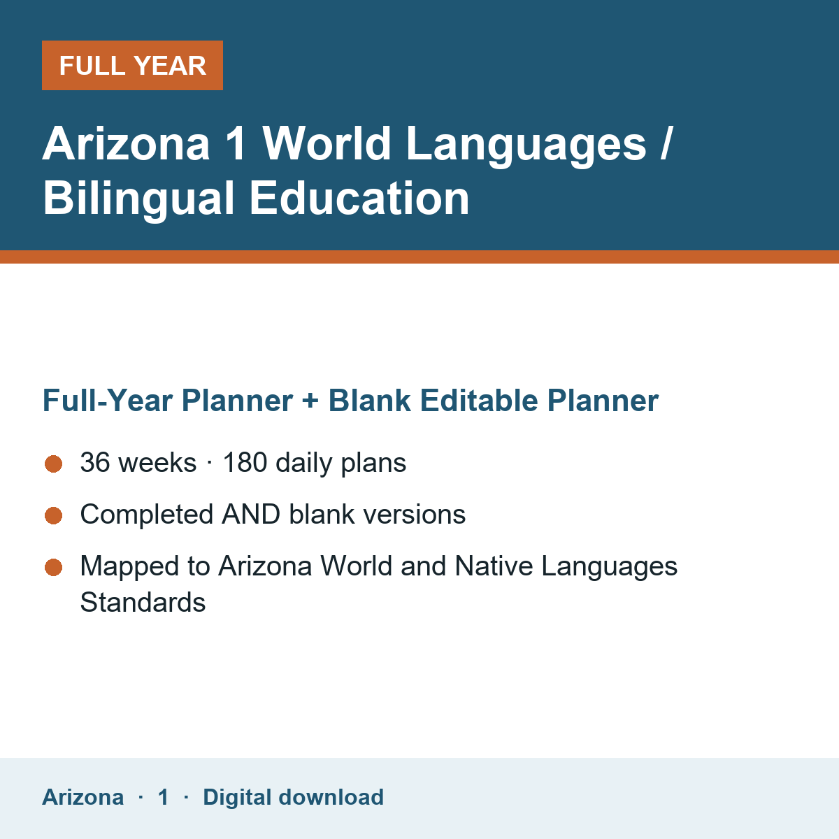 Cover of the Arizona Grade 1 World Languages / Bilingual Education full-year teacher planner