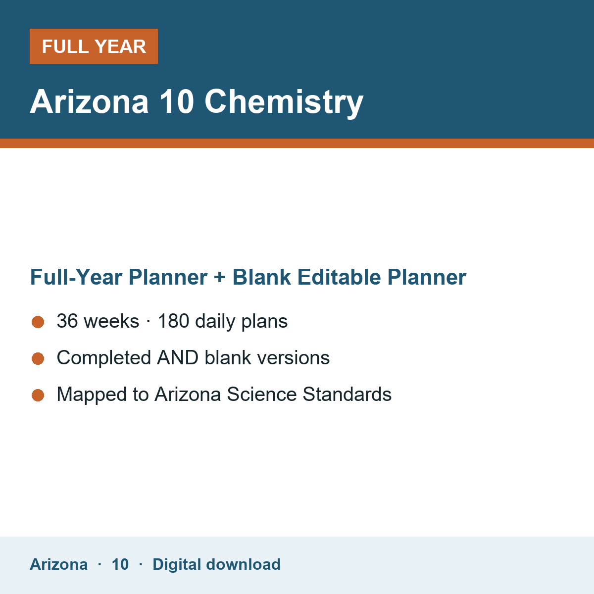 Cover of the Arizona Grade 10 Chemistry full-year teacher planner