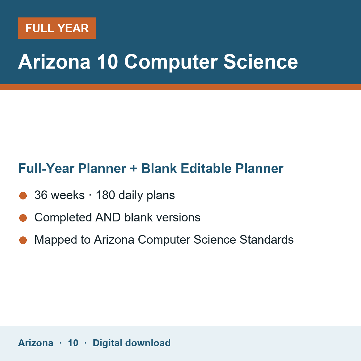 Cover of the Arizona Grade 10 Computer Science full-year teacher planner