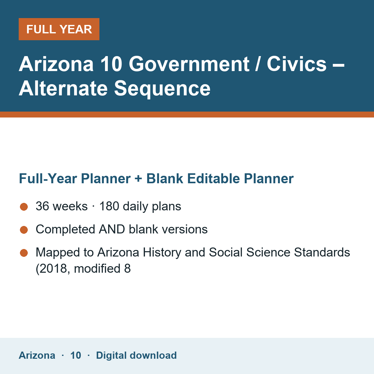 Cover of the Arizona Grade 10 Government / Civics – Alternate Sequence full-year teacher planner