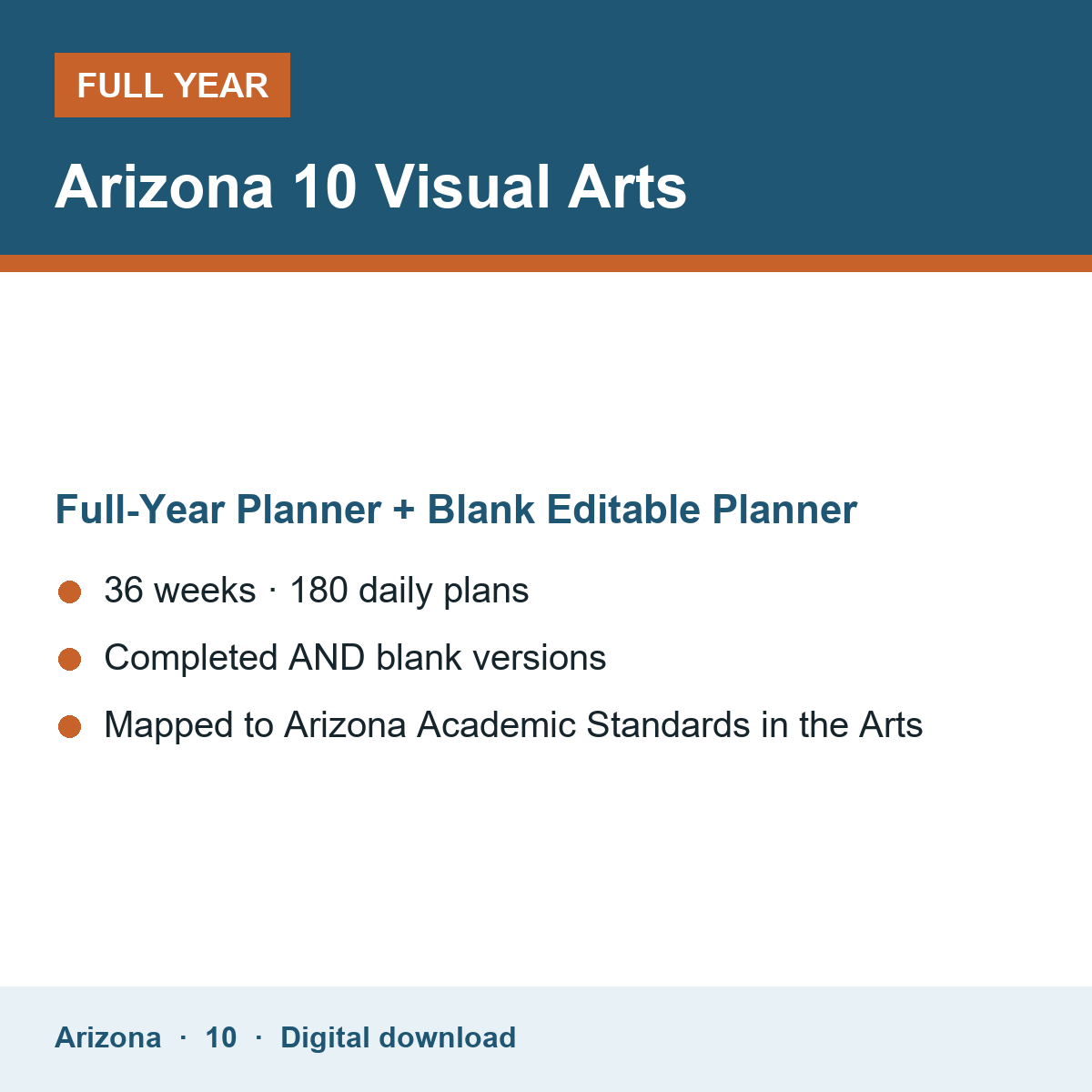 Cover of the Arizona Grade 10 Visual Arts full-year teacher planner