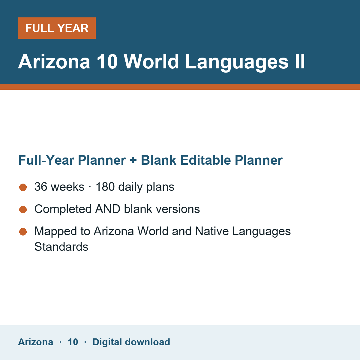 Cover of the Arizona Grade 10 World Languages II full-year teacher planner