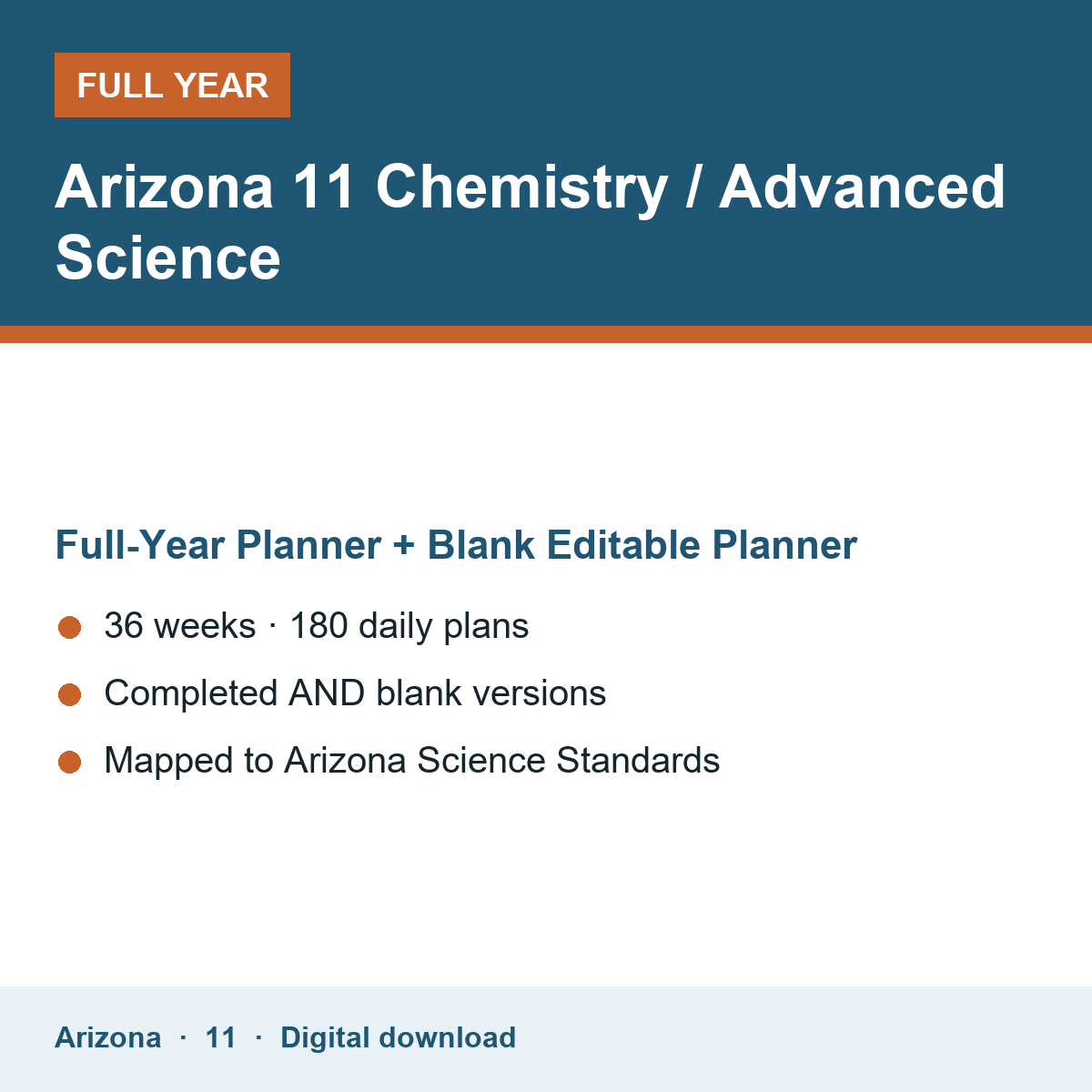 Cover of the Arizona Grade 11 Chemistry / Advanced Science full-year teacher planner