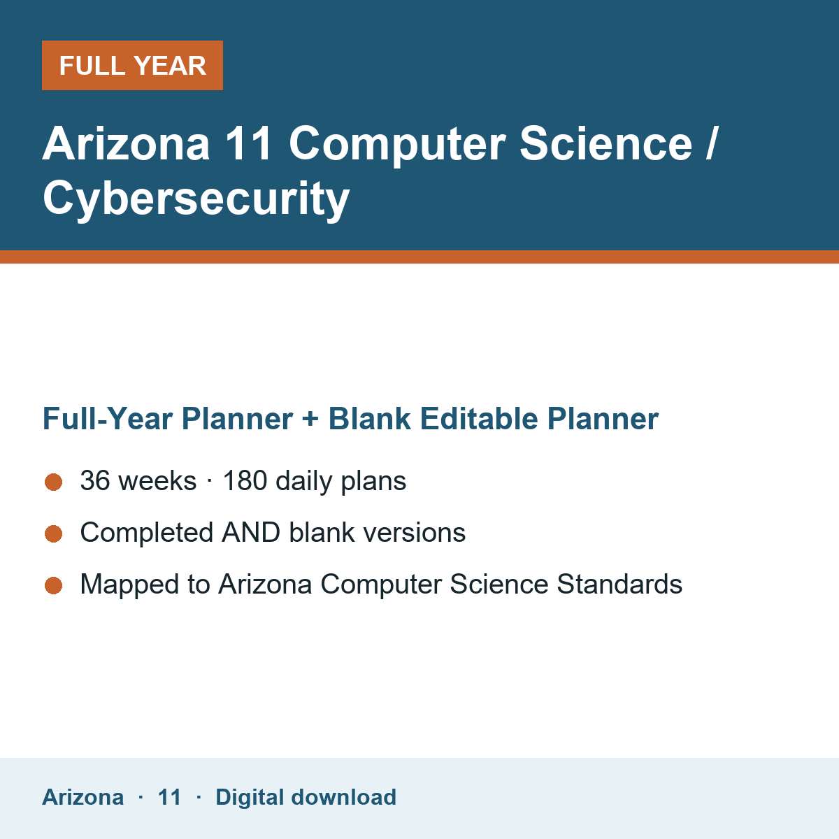 Cover of the Arizona Grade 11 Computer Science / Cybersecurity full-year teacher planner