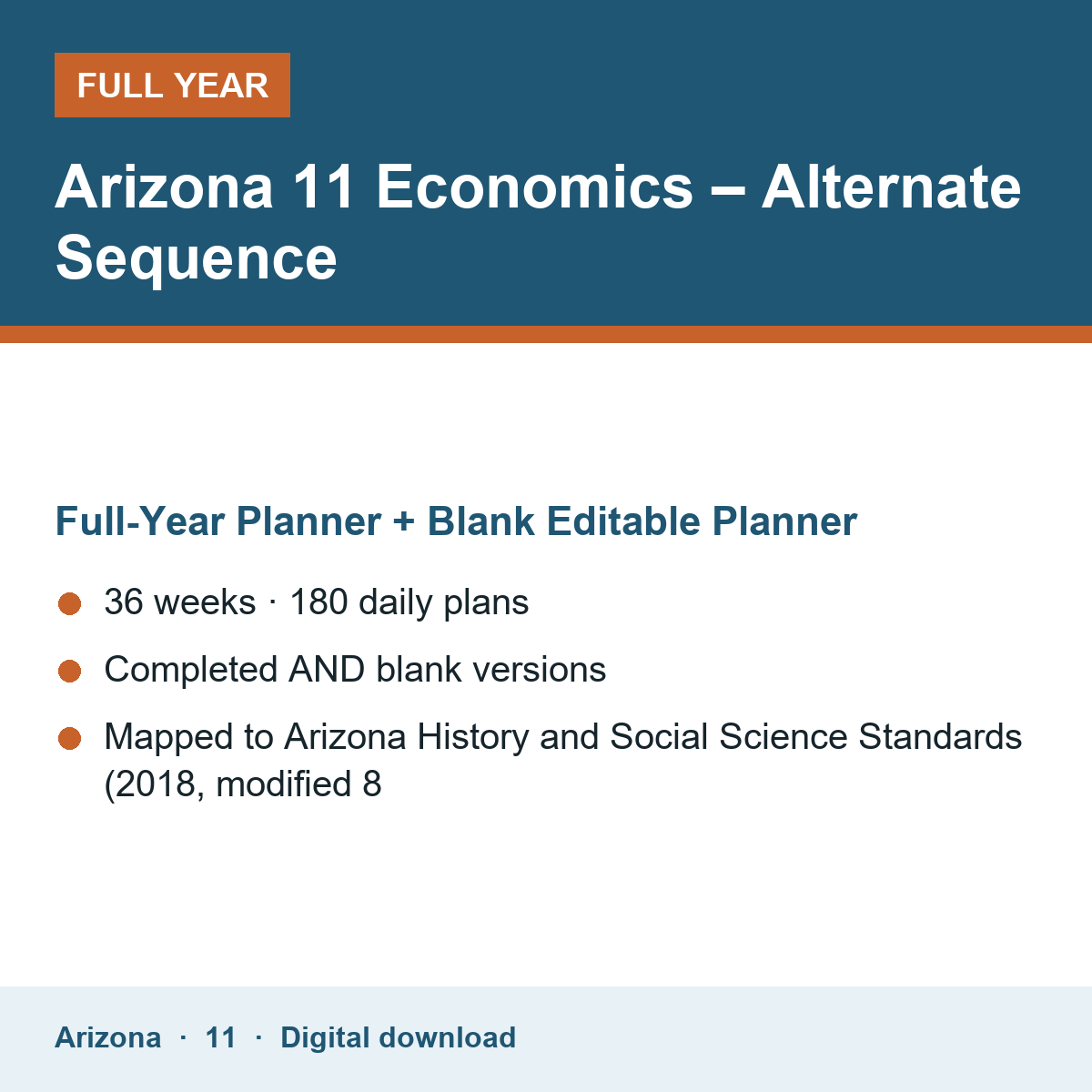Cover of the Arizona Grade 11 Economics – Alternate Sequence full-year teacher planner