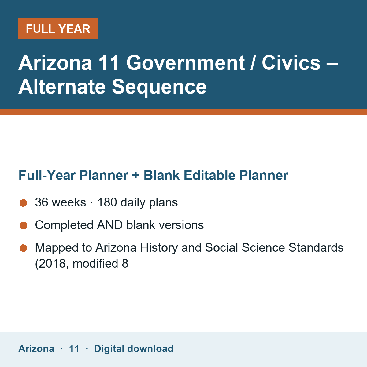 Cover of the Arizona Grade 11 Government / Civics – Alternate Sequence full-year teacher planner