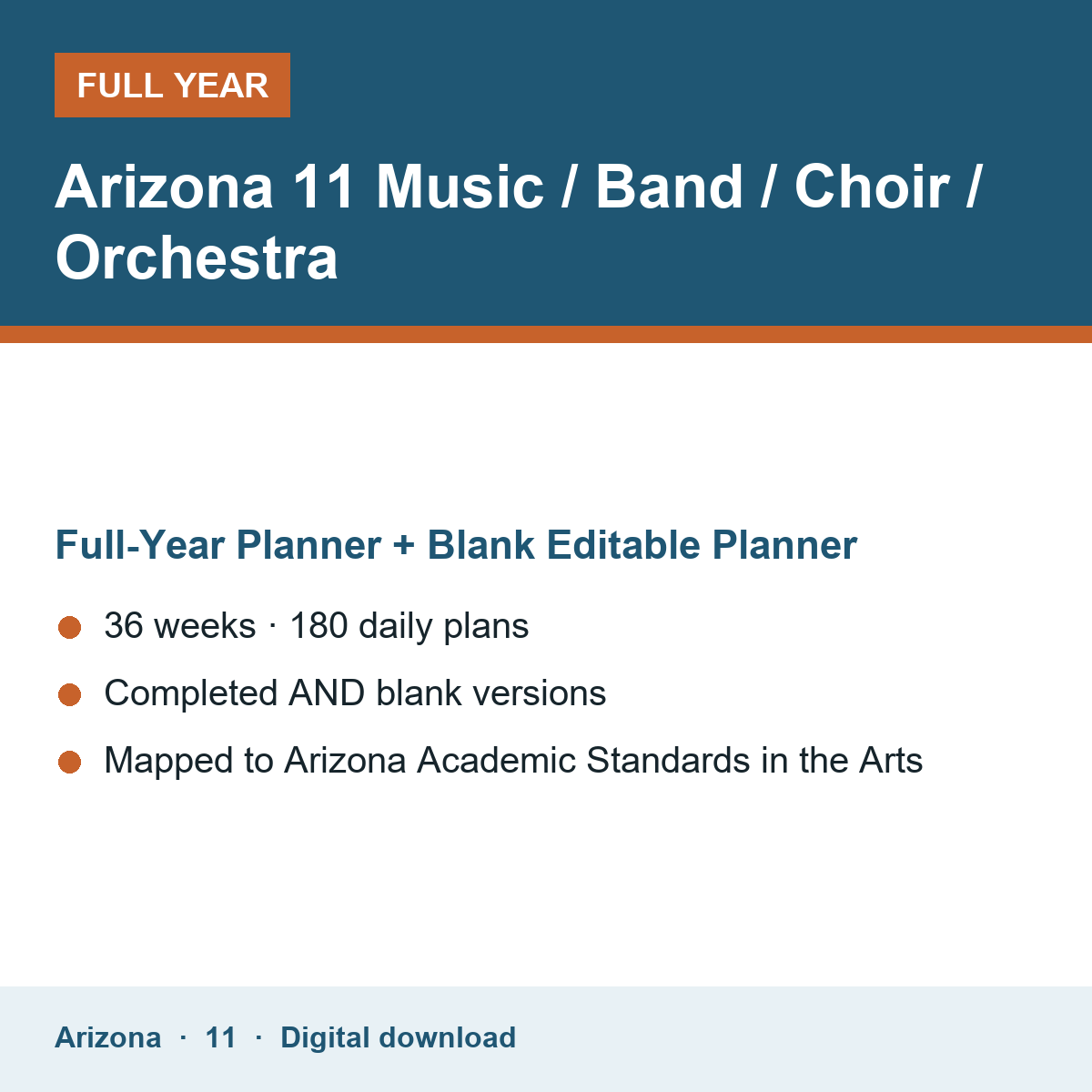 Cover of the Arizona Grade 11 Music / Band / Choir / Orchestra full-year teacher planner